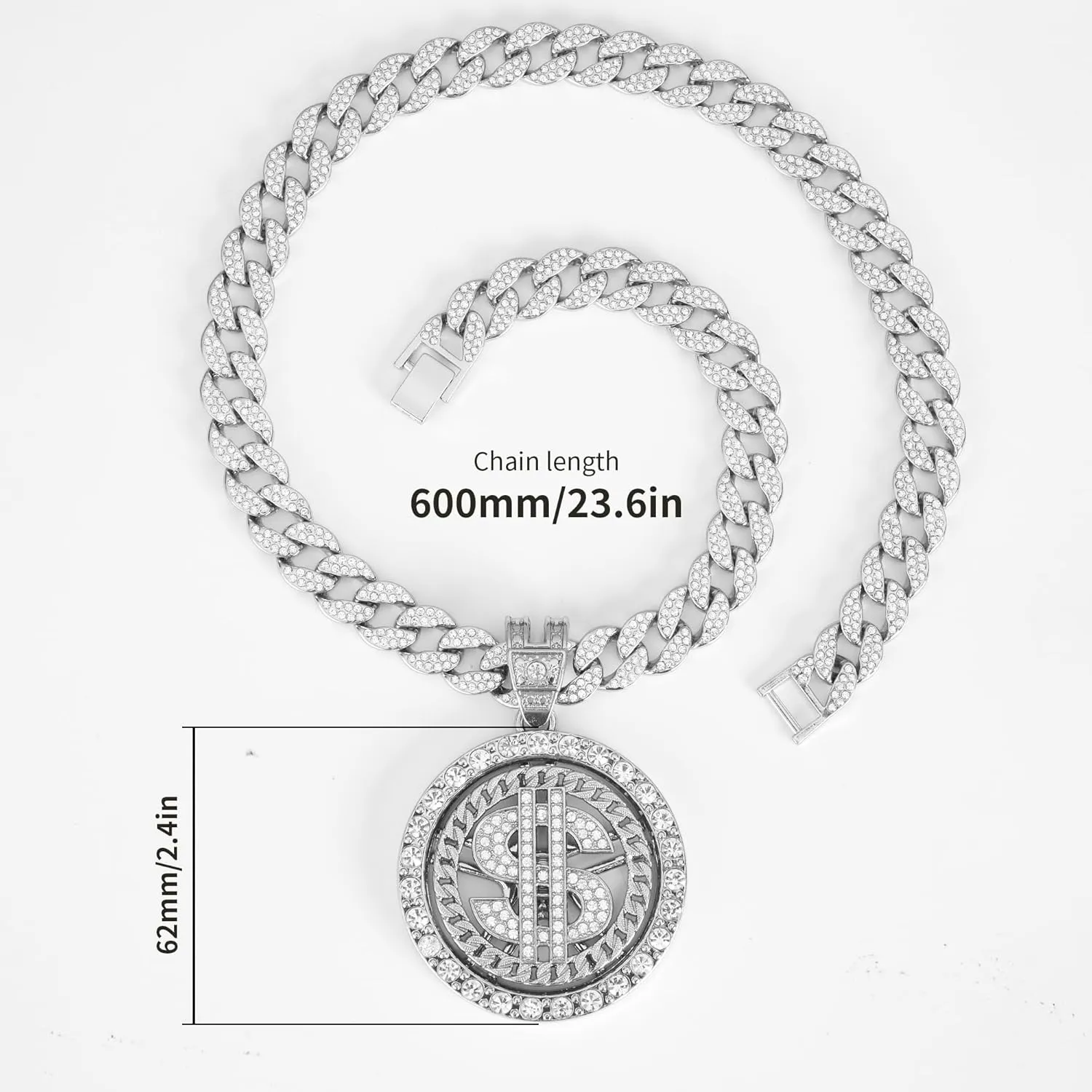 Cuban chain fake necklace 18K gold-plated hip-hop necklace circular US dollar logo rotatable pendant, Men's and Women's Necklace