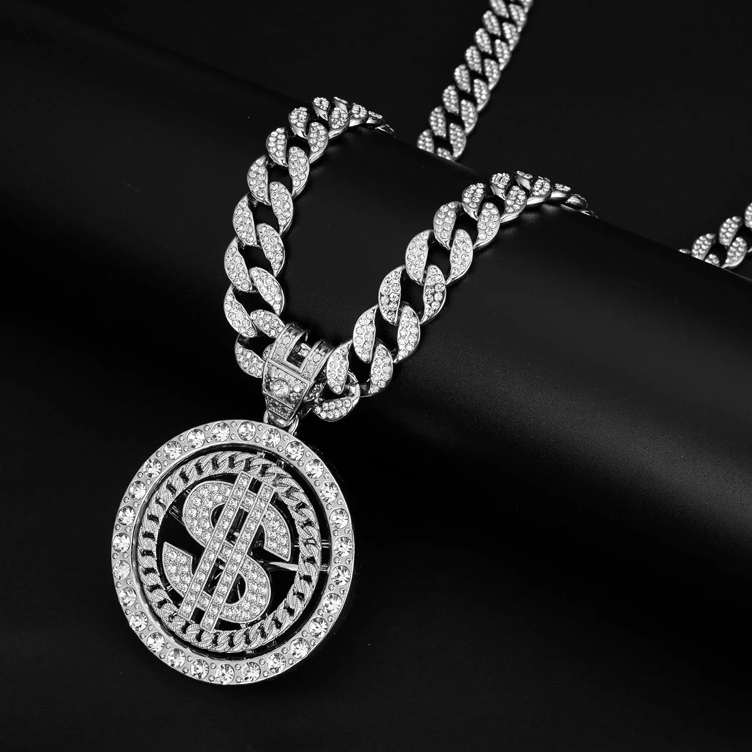 Cuban chain fake necklace 18K gold-plated hip-hop necklace circular US dollar logo rotatable pendant, Men's and Women's Necklace