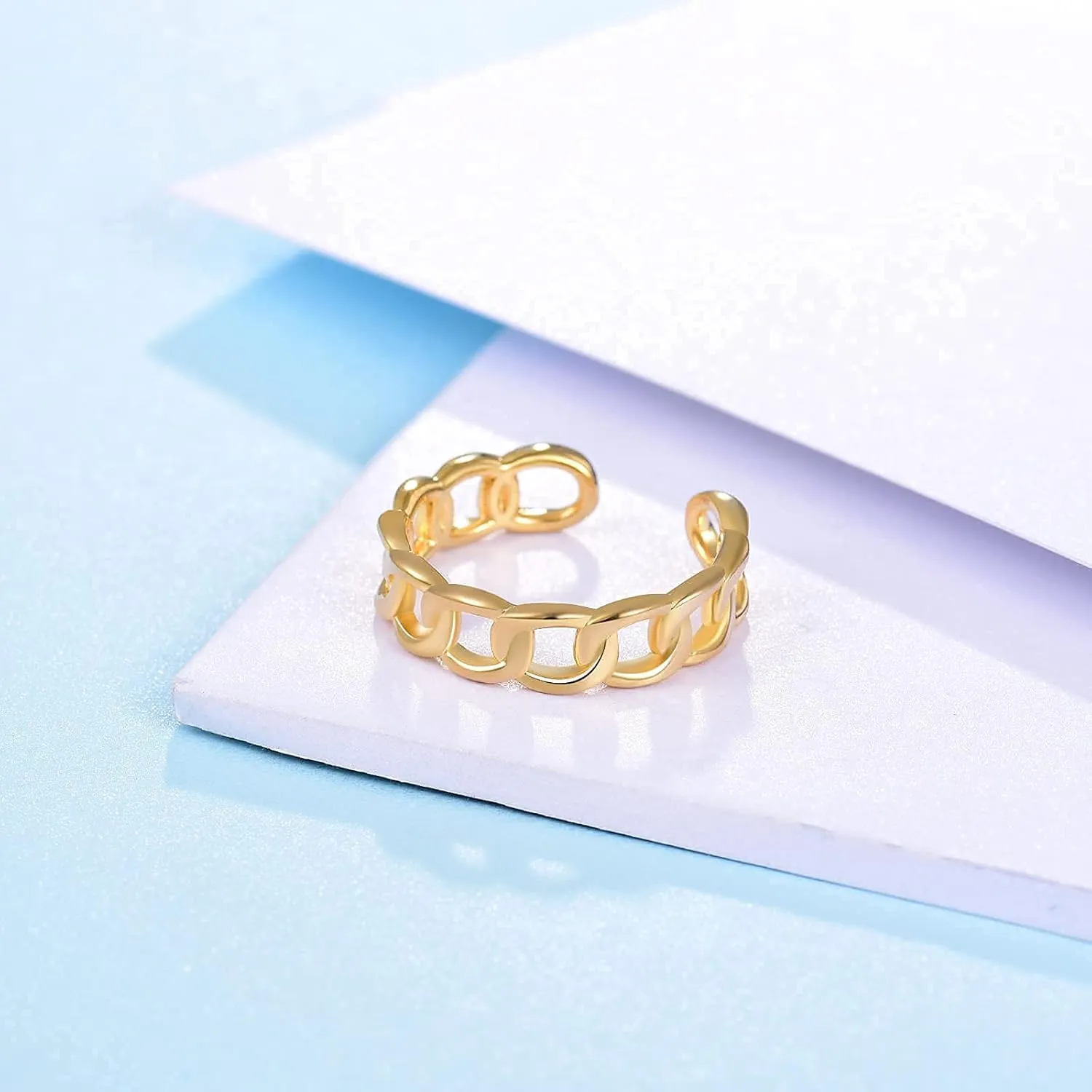Cuban-Chain Figaro Rings - Gold Plated Dainty Trendy Open Ring, Minimalist Anchor Link Ring, Adjustable Size with Jewelry Box for Women Men