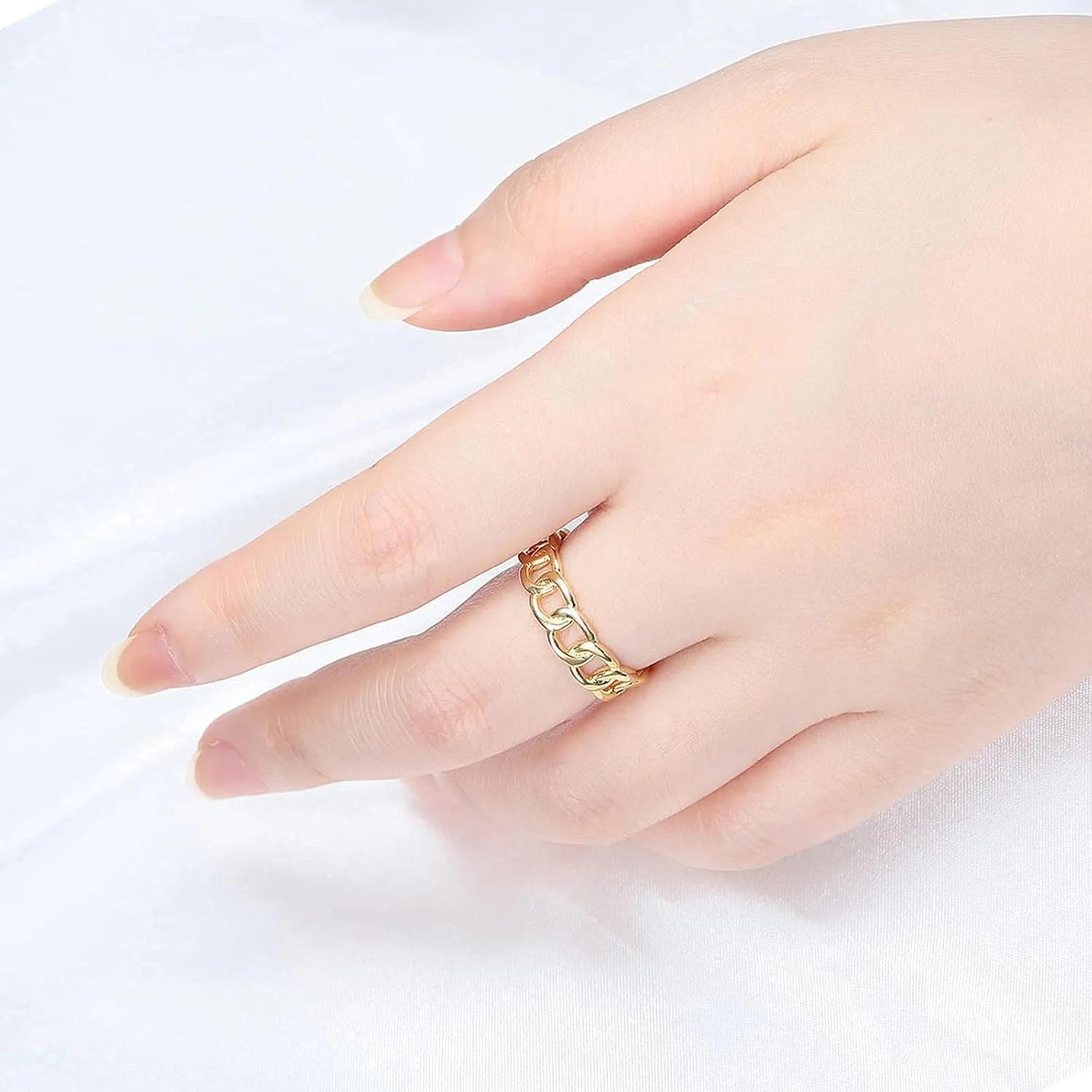 Cuban-Chain Figaro Rings - Gold Plated Dainty Trendy Open Ring, Minimalist Anchor Link Ring, Adjustable Size with Jewelry Box for Women Men