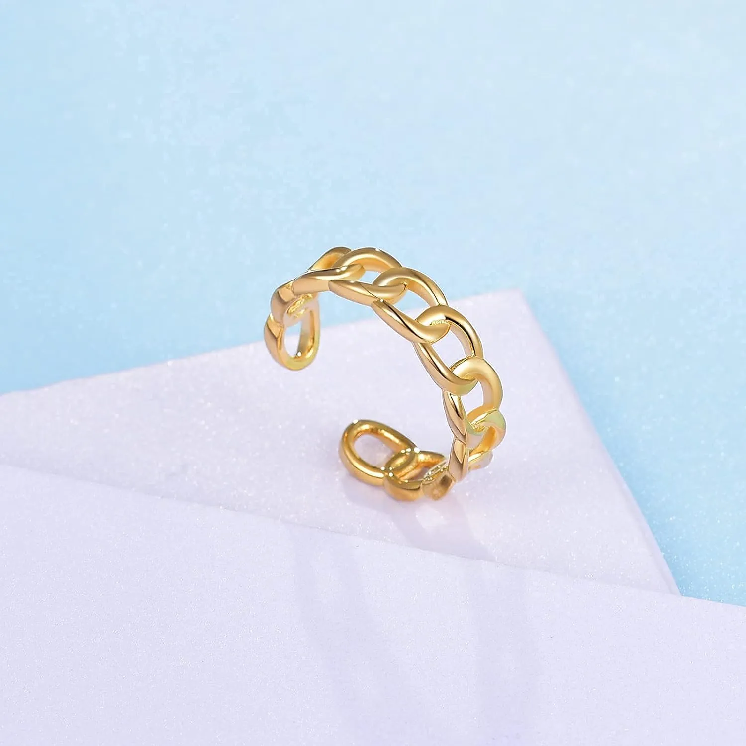Cuban-Chain Figaro Rings - Gold Plated Dainty Trendy Open Ring, Minimalist Anchor Link Ring, Adjustable Size with Jewelry Box for Women Men