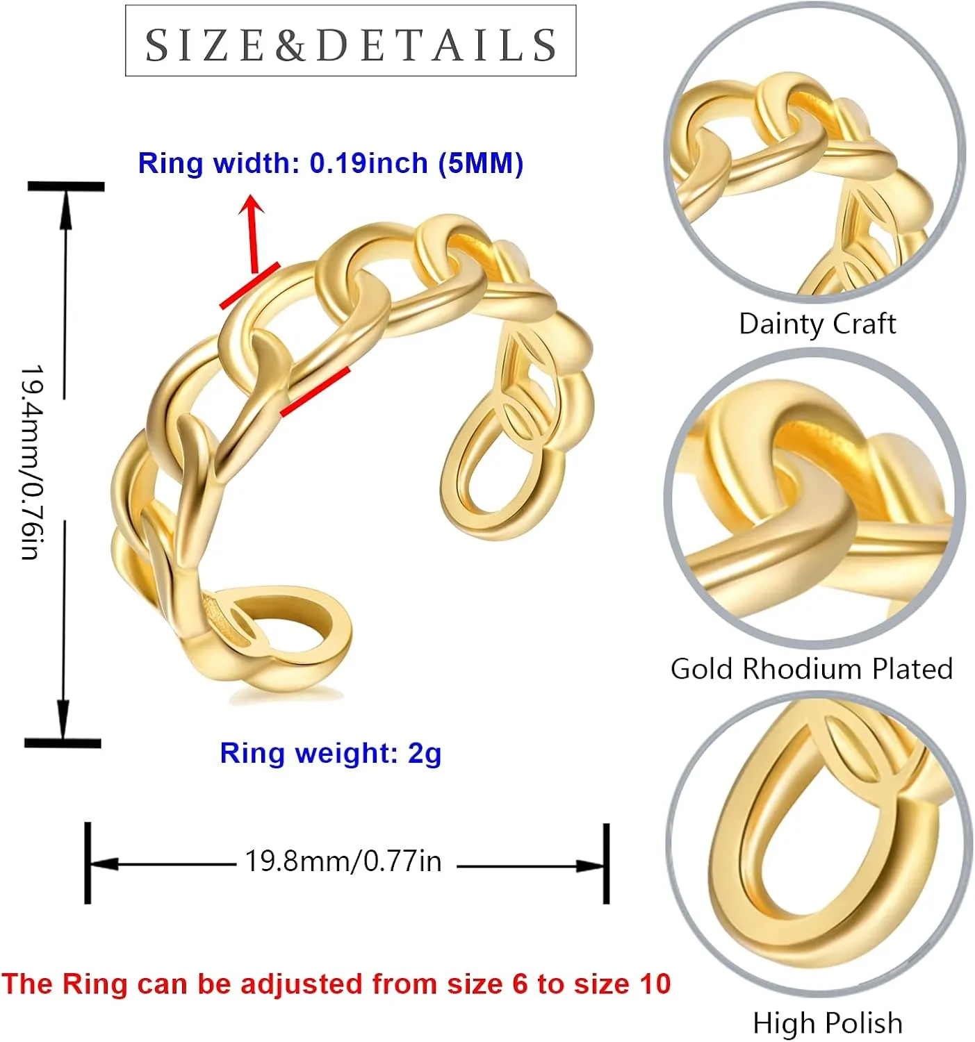 Cuban-Chain Figaro Rings - Gold Plated Dainty Trendy Open Ring, Minimalist Anchor Link Ring, Adjustable Size with Jewelry Box for Women Men