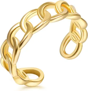 Cuban-Chain Figaro Rings - Gold Plated Dainty Trendy Open Ring, Minimalist Anchor Link Ring, Adjustable Size with Jewelry Box for Women Men
