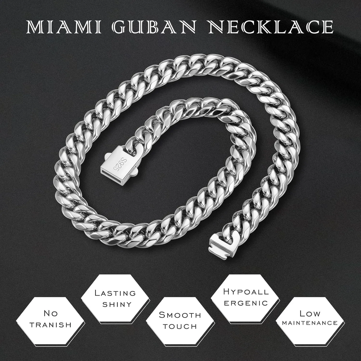 Cuban Link Chain for Mens Women, Miami Cuban Necklace, Hip Hop Jewelry for Men Women, 316l Stainless Steel 925 Sterling Silver Cuban Jewelry Gifts for Him Dad Husband Son Friend Birthday