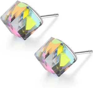 Cube Earrings Austrian Crystal Iridescent Crystal Square Stud Earring for Women Fashion S925 Sterling Silver Elegant Mirror Crystal Prism Cube Jewelry
