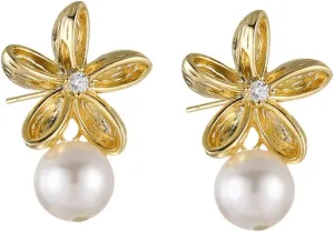 Cubic Zirconia Flower Pearl Dangle Stud Earrings S925 Sterling Silver Post Earrings Simple Bohemian Floral Studs Earrings Hypoallergenic Ear Jewelry for Women