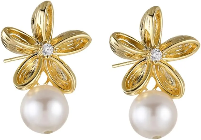 Cubic Zirconia Flower Pearl Dangle Stud Earrings S925 Sterling Silver Post Earrings Simple Bohemian Floral Studs Earrings Hypoallergenic Ear Jewelry for Women