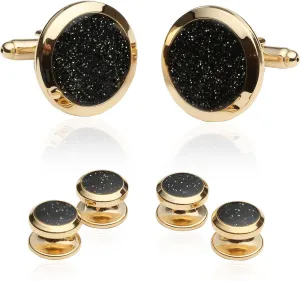Cuff-Daddy Mens Black and Gold Cufflinks and Studs - Sparkly Gold and Black Diamond Dust Cufflinks and Studs Cuff Links with Jewelry Presentation Box - 7/8" cufflinks, 3/8" studs Mens Shirt