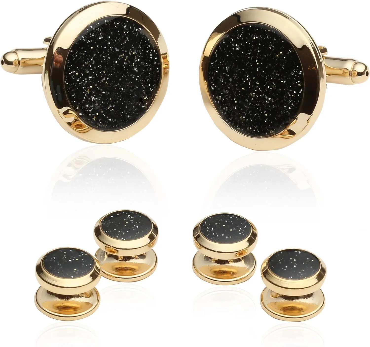 Cuff-Daddy Mens Black and Gold Cufflinks and Studs - Sparkly Gold and Black Diamond Dust Cufflinks and Studs Cuff Links with Jewelry Presentation Box - 7/8" cufflinks, 3/8" studs Mens Shirt