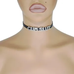 CUM SLUT Rhinestone Choker Necklaces For Wife and Husband,Artifical Crystal Punk PU Leather Collar Chokers For Lover,Gothic Letters Jewelry For Women