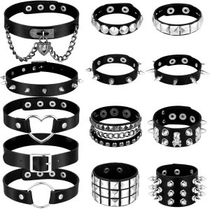 Cunno 13 Pcs Cool Steampunk Leather Choker Rock Gothic Necklace Bracelets Set Punk Spike Rivet Cuff for Cosplay Party Gift