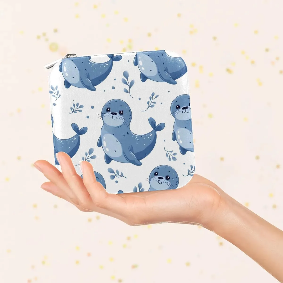Cute Animals Seals Travel Jewelry Case Organizer, Jewelry Boxes with Mirror, PU Leather Jewelry Storage Holder for Rings Earrings Pendants Necklaces, Gifts for Girls Women