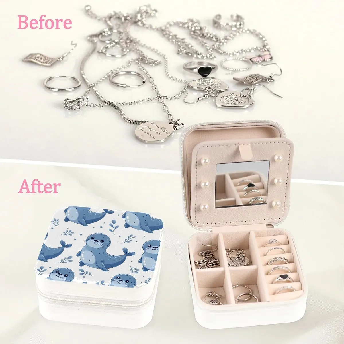 Cute Animals Seals Travel Jewelry Case Organizer, Jewelry Boxes with Mirror, PU Leather Jewelry Storage Holder for Rings Earrings Pendants Necklaces, Gifts for Girls Women