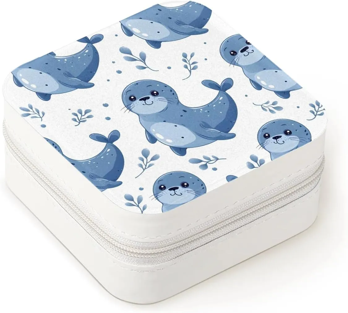 Cute Animals Seals Travel Jewelry Case Organizer, Jewelry Boxes with Mirror, PU Leather Jewelry Storage Holder for Rings Earrings Pendants Necklaces, Gifts for Girls Women
