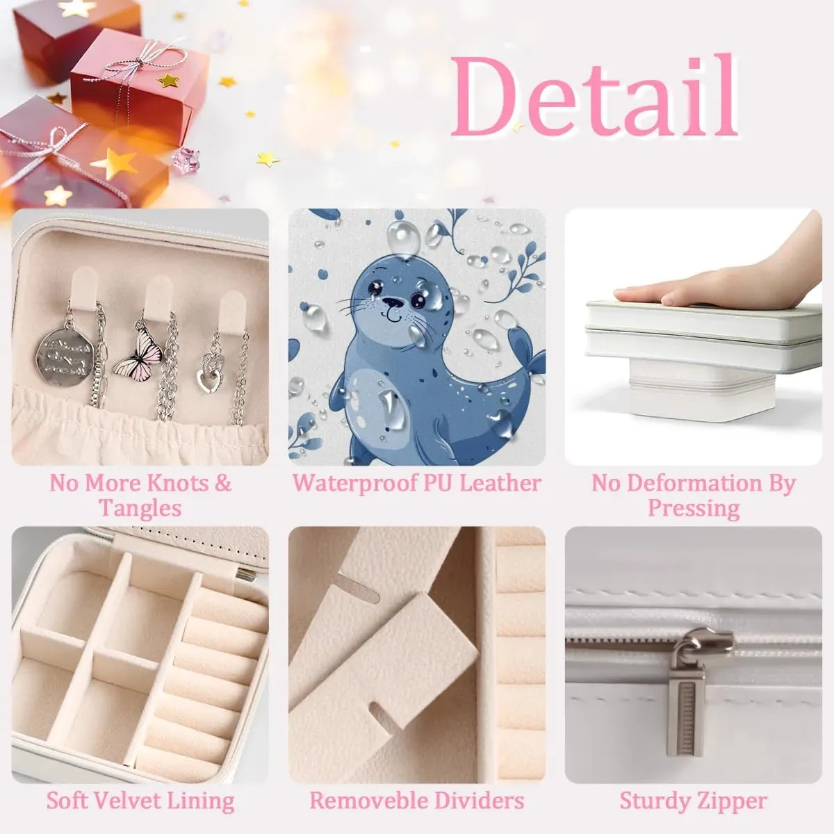 Cute Animals Seals Travel Jewelry Case Organizer, Jewelry Boxes with Mirror, PU Leather Jewelry Storage Holder for Rings Earrings Pendants Necklaces, Gifts for Girls Women