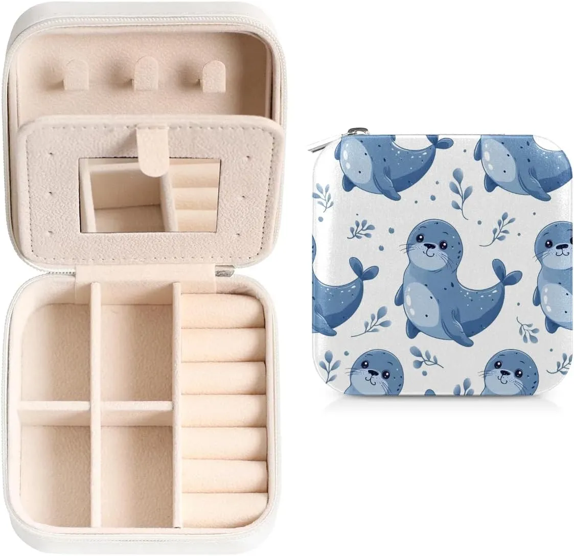 Cute Animals Seals Travel Jewelry Case Organizer, Jewelry Boxes with Mirror, PU Leather Jewelry Storage Holder for Rings Earrings Pendants Necklaces, Gifts for Girls Women