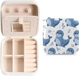 Cute Animals Seals Travel Jewelry Case Organizer, Jewelry Boxes with Mirror, PU Leather Jewelry Storage Holder for Rings Earrings Pendants Necklaces, Gifts for Girls Women