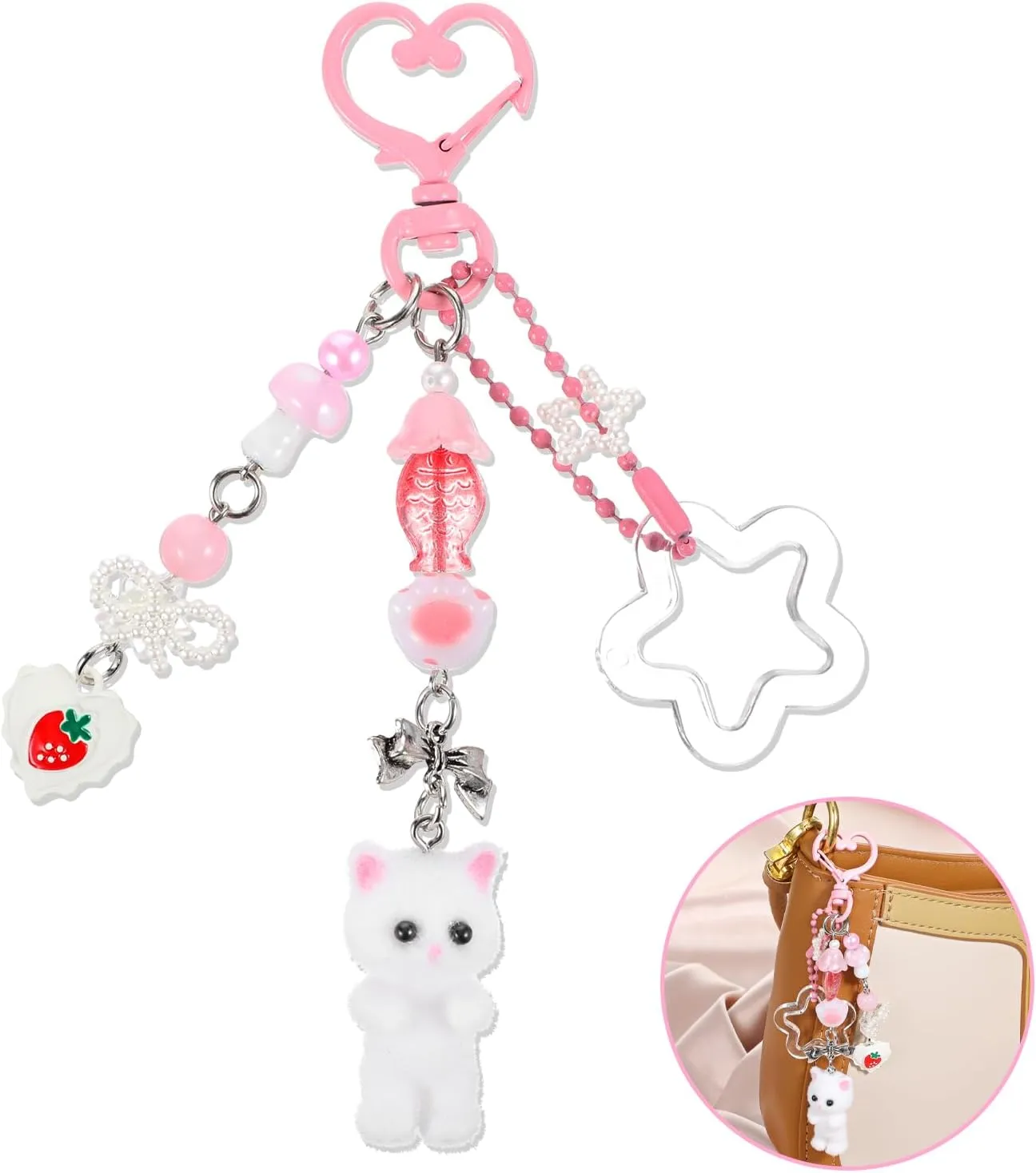 Cute Cat Keychain Pink Kawaii Keychain Y2k Aesthetic Keychains Fuzzy Kitty Cat Charm for Backpacks Bag Purse