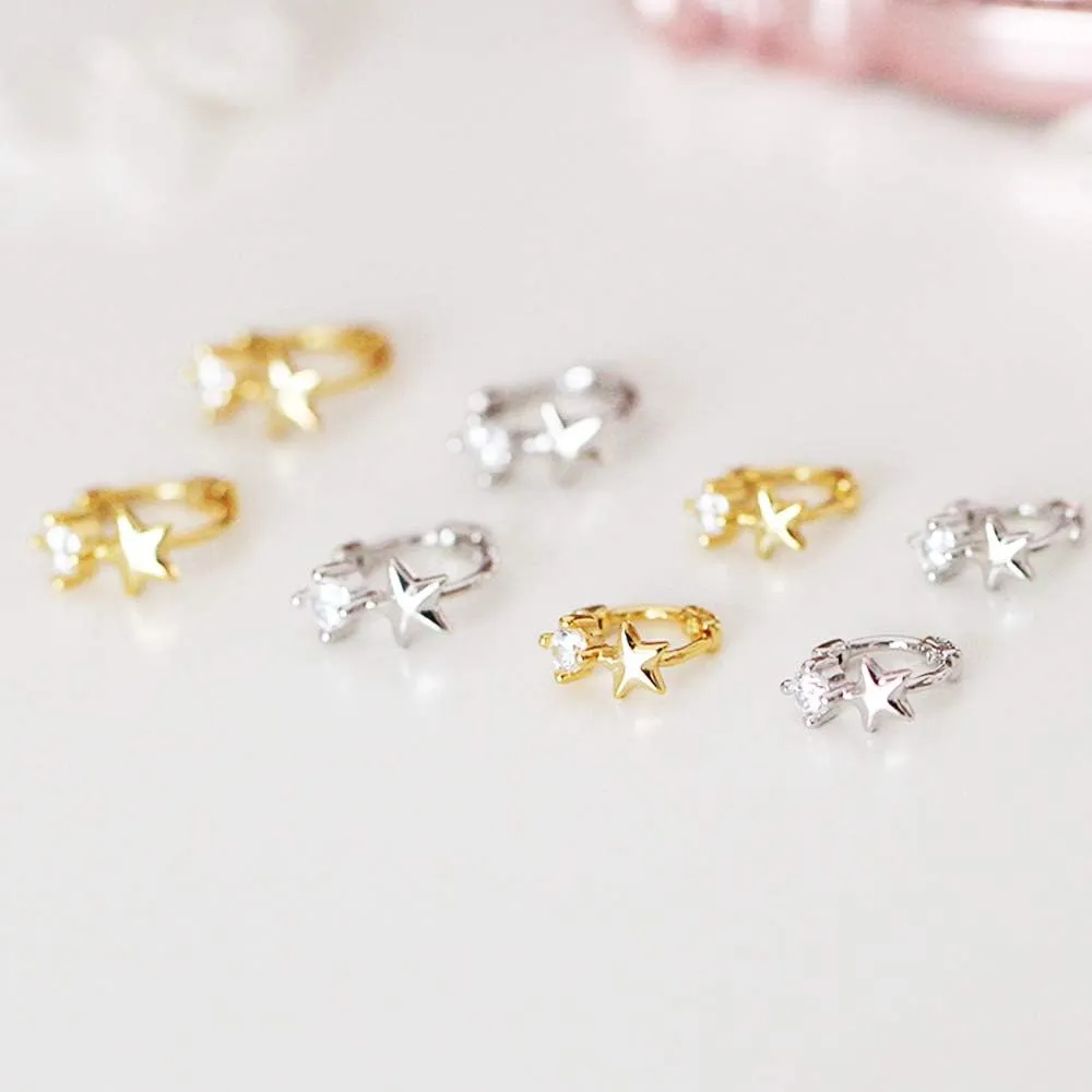 Cute CZ Star Cartilage Mini Tiny Cuff Small Hoop Earrings for Women Teen Girls Sensitive Ear S925 Sterling Silver Dainty Tragus Huggie Hoops Sleeper Hooped Hypoallergenic Piercing Jewelry Gifts Bff