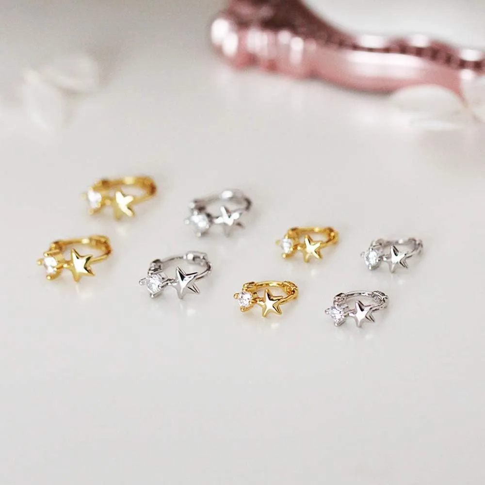Cute CZ Star Cartilage Mini Tiny Cuff Small Hoop Earrings for Women Teen Girls Sensitive Ear S925 Sterling Silver Dainty Tragus Huggie Hoops Sleeper Hooped Hypoallergenic Piercing Jewelry Gifts Bff