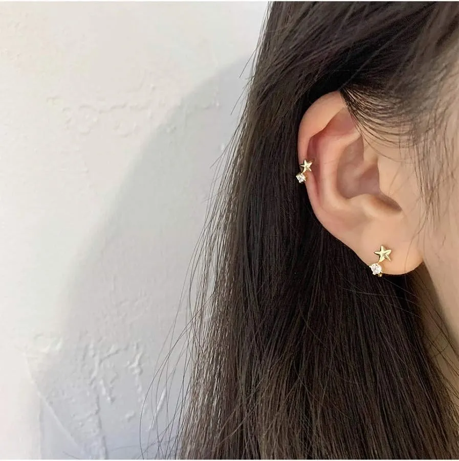 Cute CZ Star Cartilage Mini Tiny Cuff Small Hoop Earrings for Women Teen Girls Sensitive Ear S925 Sterling Silver Dainty Tragus Huggie Hoops Sleeper Hooped Hypoallergenic Piercing Jewelry Gifts Bff