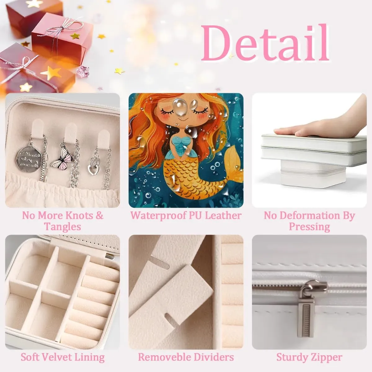 Cute Fishes Mermaid Travel Jewelry Case Organizer, Jewelry Boxes with Mirror, PU Leather Jewelry Storage Holder for Rings Earrings Pendants Necklaces, Gifts for Girls Women