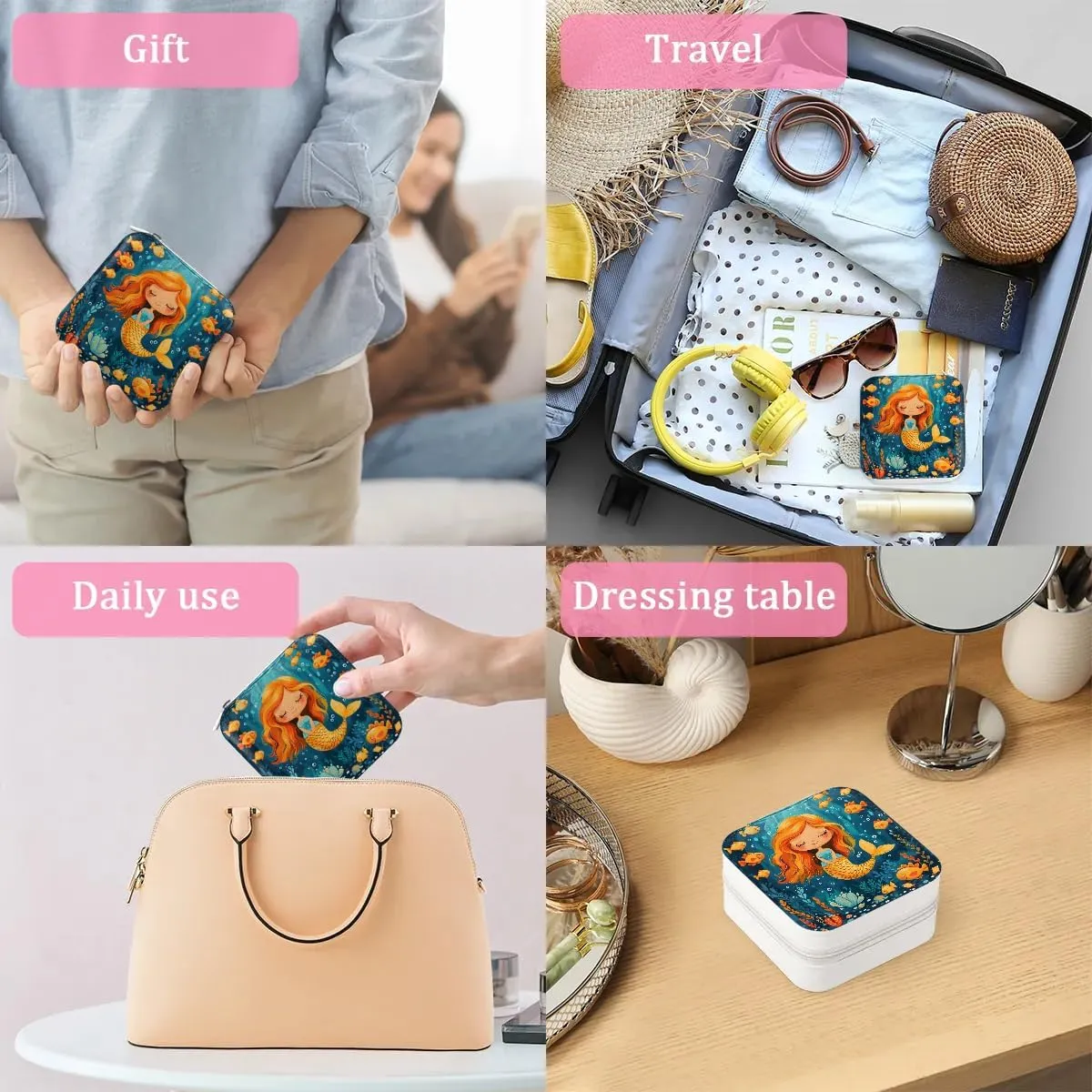 Cute Fishes Mermaid Travel Jewelry Case Organizer, Jewelry Boxes with Mirror, PU Leather Jewelry Storage Holder for Rings Earrings Pendants Necklaces, Gifts for Girls Women
