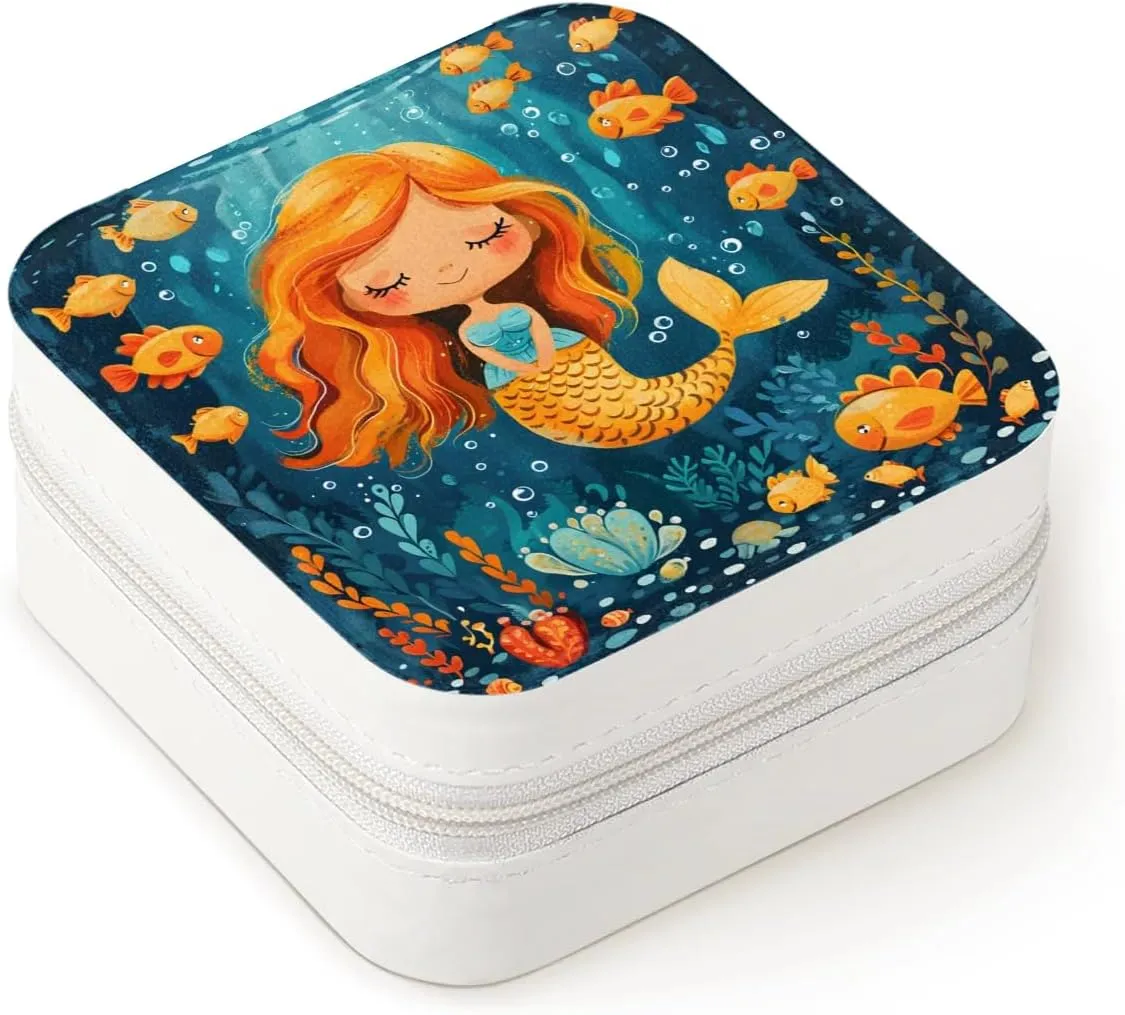 Cute Fishes Mermaid Travel Jewelry Case Organizer, Jewelry Boxes with Mirror, PU Leather Jewelry Storage Holder for Rings Earrings Pendants Necklaces, Gifts for Girls Women