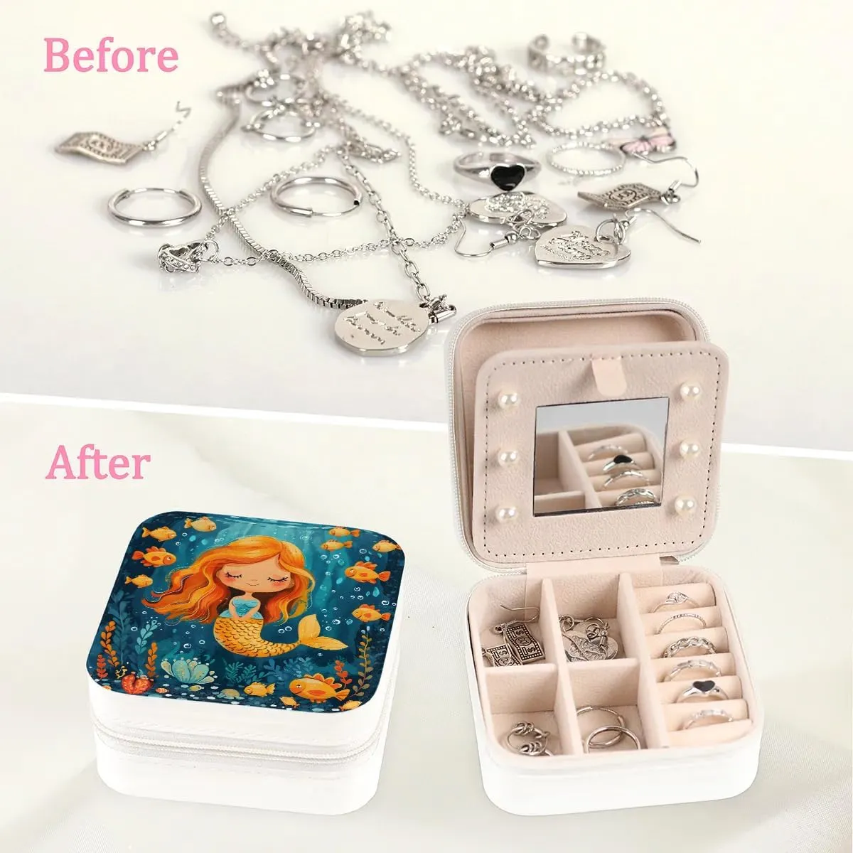 Cute Fishes Mermaid Travel Jewelry Case Organizer, Jewelry Boxes with Mirror, PU Leather Jewelry Storage Holder for Rings Earrings Pendants Necklaces, Gifts for Girls Women