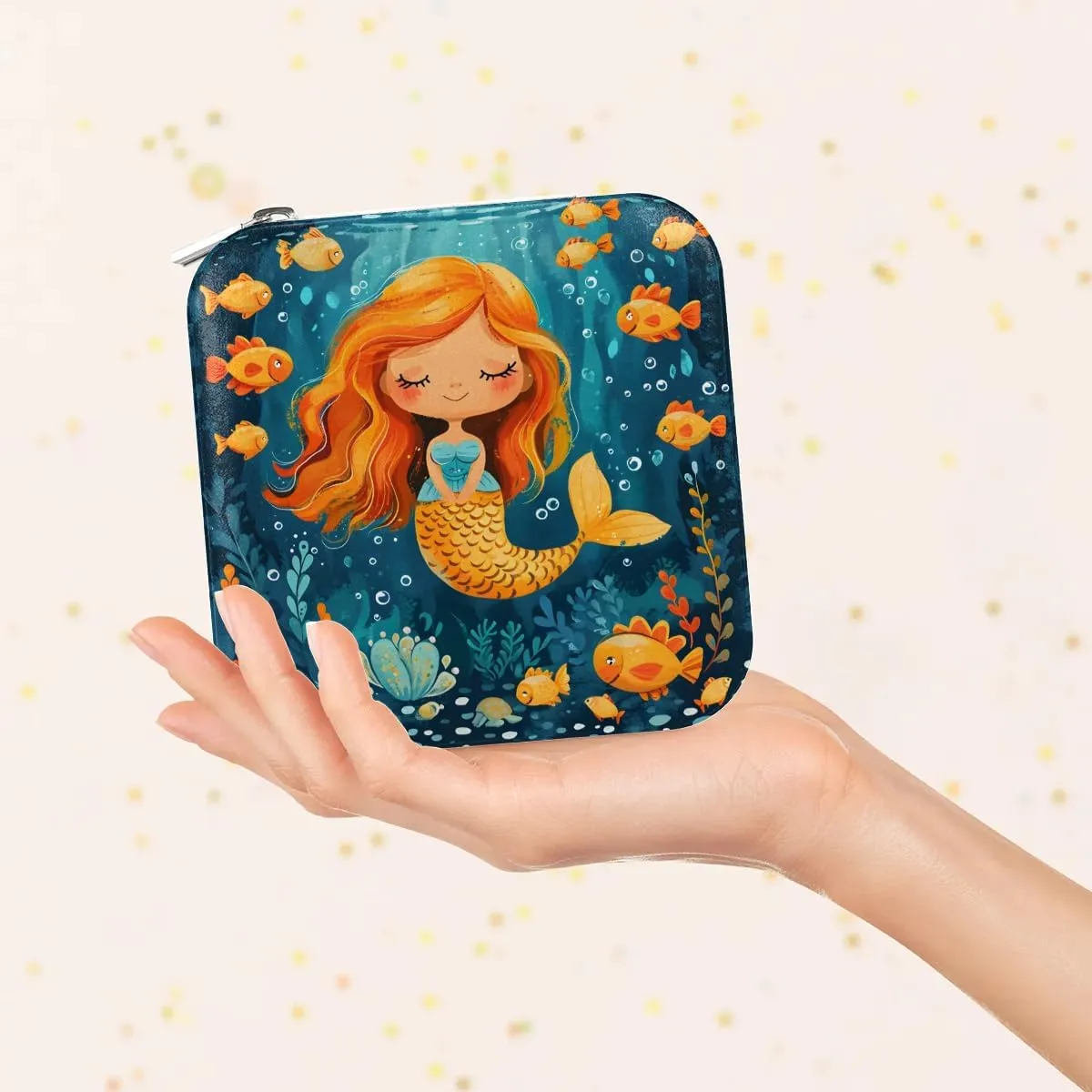 Cute Fishes Mermaid Travel Jewelry Case Organizer, Jewelry Boxes with Mirror, PU Leather Jewelry Storage Holder for Rings Earrings Pendants Necklaces, Gifts for Girls Women