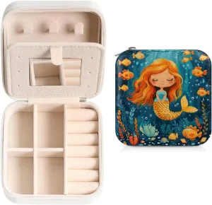 Cute Fishes Mermaid Travel Jewelry Case Organizer, Jewelry Boxes with Mirror, PU Leather Jewelry Storage Holder for Rings Earrings Pendants Necklaces, Gifts for Girls Women