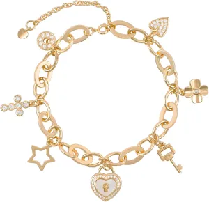 Cute Gold Charm Link Bracelet for Women Sunflower Butterfly Daisy Flower Pearl Insect Flower Clover Lock Key Heart Charm Bracelet CZ Snowman Snowflake Pendant Spring Summer Christmas Jewelry Gifts