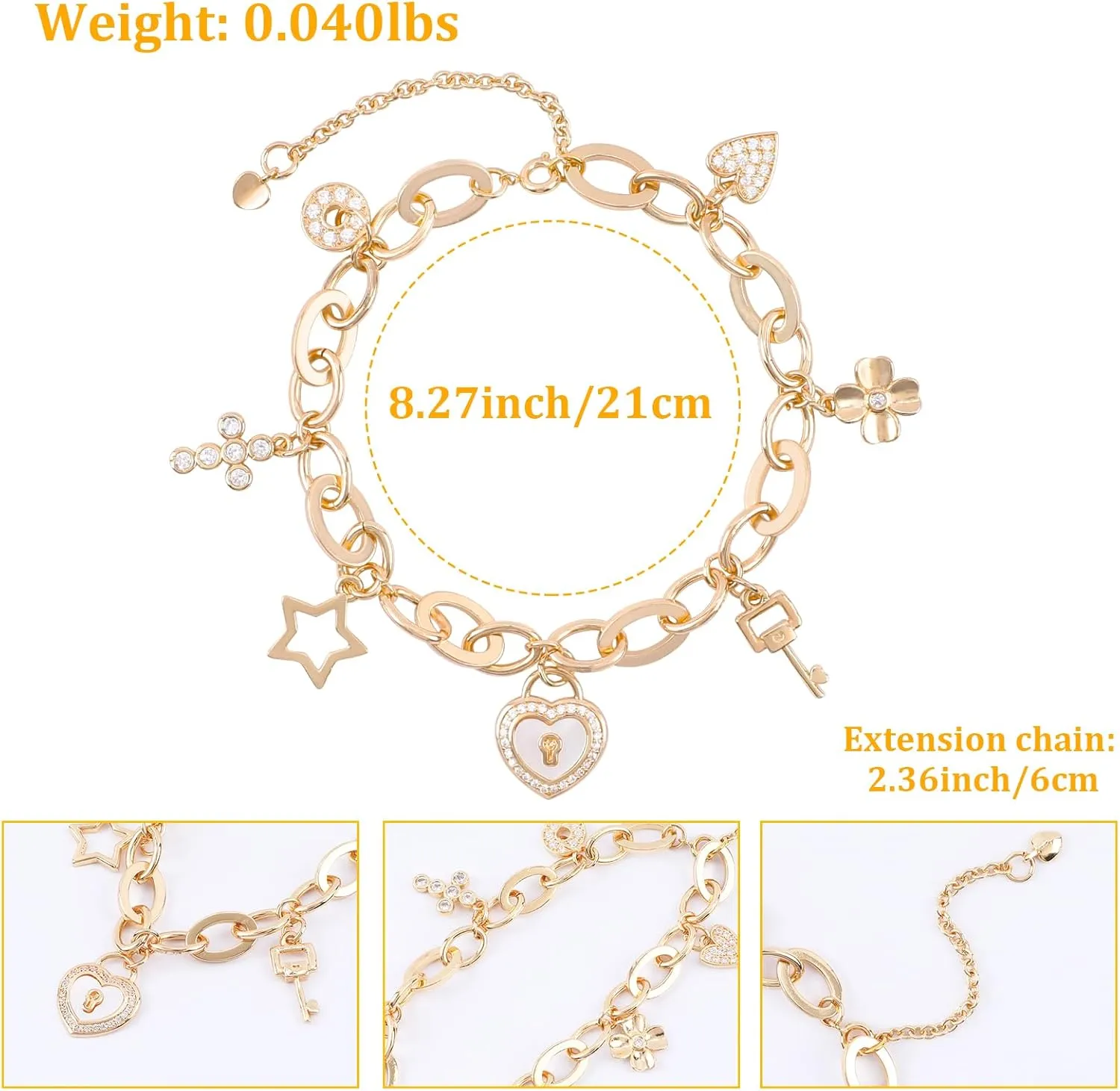 Cute Gold Charm Link Bracelet for Women Sunflower Butterfly Daisy Flower Pearl Insect Flower Clover Lock Key Heart Charm Bracelet CZ Snowman Snowflake Pendant Spring Summer Christmas Jewelry Gifts
