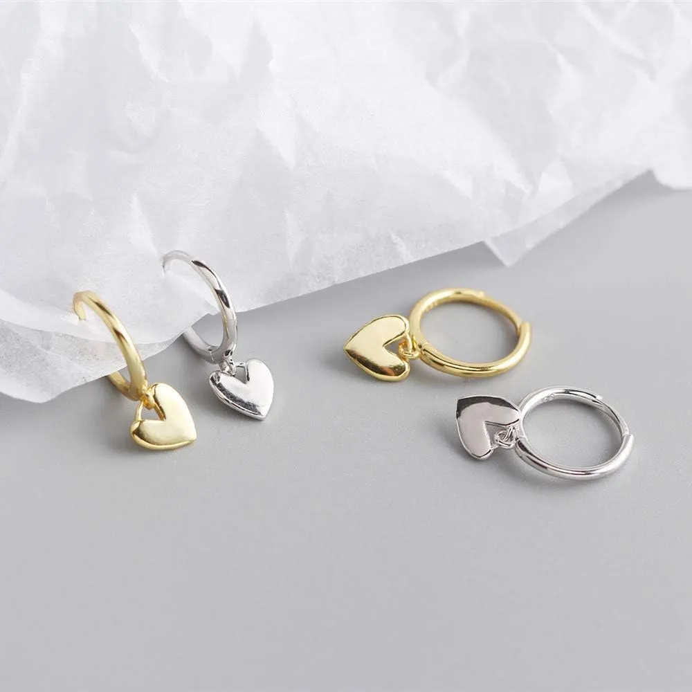 Cute Heart Love Dangle Drop Cartilage Small Huggie Hoop Earrings for Women Girls Minimalist S925 Sterling Silver Charm Dangling Cuff Sleeper Hoops Dainty Hypoallergenic Jewelry Gifts for Her Birthday