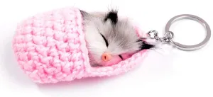 Cute Sleeping Cat Pompom Keychains for Women Girls Faux Rabbit Fur Key Ring Handbag or Car Key or Phone Charm Pendant (Pink)