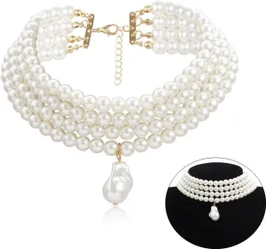 Daimay Simulated Pearl Chokers Multi-Layer Pearl Necklace Multi-Strand Pearl Statement Bridal Choker Necklace for Wedding Party Jewelry 20s Flapper Necklace for Party-Round L Size