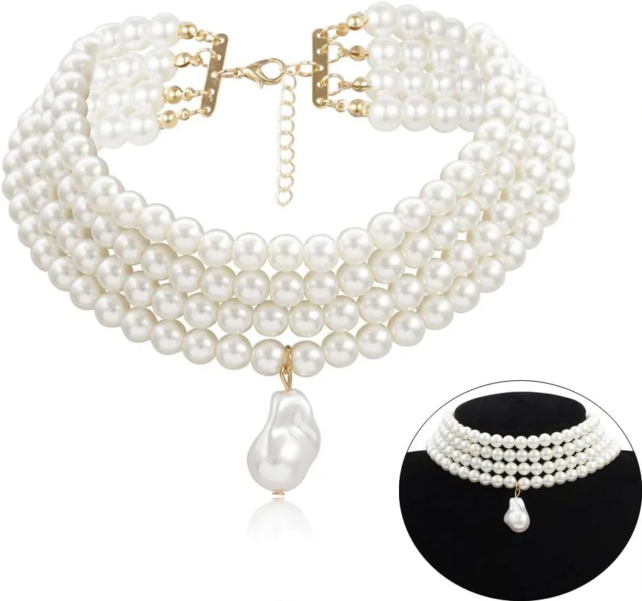 Daimay Simulated Pearl Chokers Multi-Layer Pearl Necklace Multi-Strand Pearl Statement Bridal Choker Necklace for Wedding Party Jewelry 20s Flapper Necklace for Party-Round L Size
