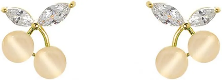 Dainty Cherry Cat's Eye Stud Earrings for Women 925 Sterling Silver Post Pin Hypoallergenic Crystal Leaf Small Cartilage Studs Cute Fruit Jewelry