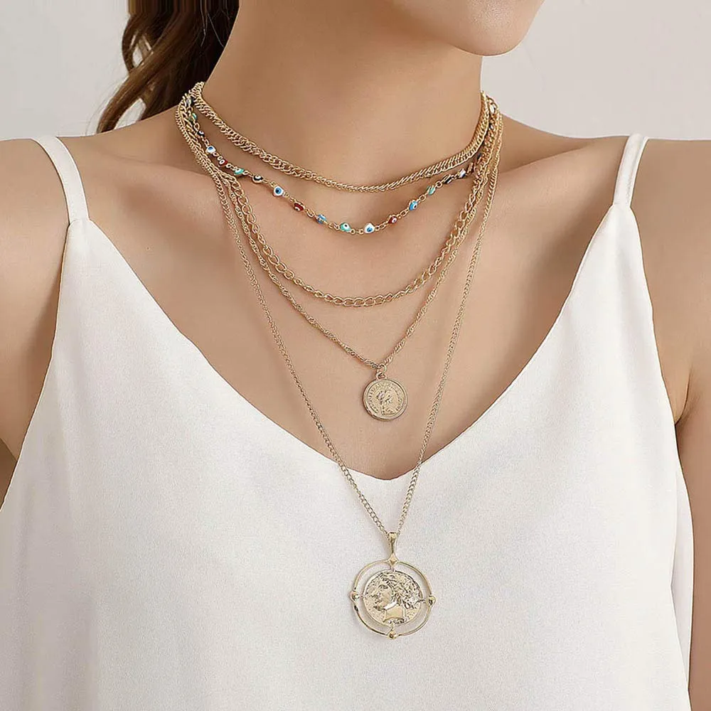 Dainty Gold Coin Chokers Necklace Layered Circle Necklace Bar Y Pendant Necklace Gold Necklace for Women