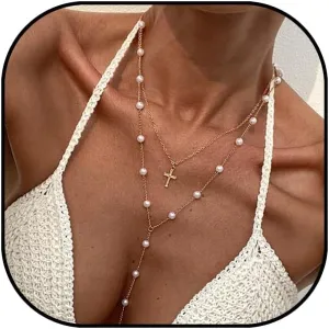 Dainty Lariat Necklace for Women Cross Drop Y-Shaped Necklace Long Pearl Necklaces Everyday Jewelry