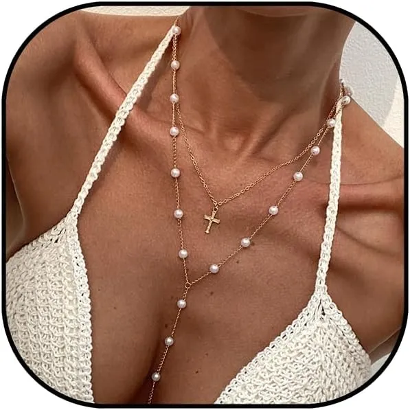 Dainty Lariat Necklace for Women Cross Drop Y-Shaped Necklace Long Pearl Necklaces Everyday Jewelry