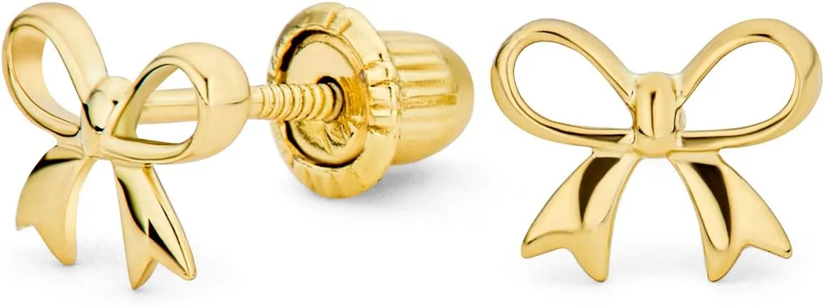 Dainty Tiny Birthday Present Ribbon Solid Real 14K Yellow Gold Mini Bow Stud Earrings Cartilage Ear Lobe Helix For Women Teen Safety Clutch Screw Back