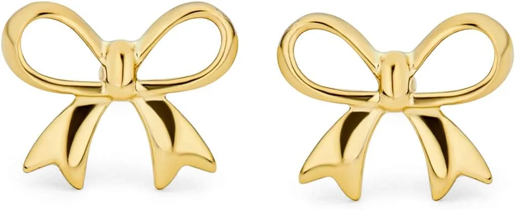 Dainty Tiny Birthday Present Ribbon Solid Real 14K Yellow Gold Mini Bow Stud Earrings Cartilage Ear Lobe Helix For Women Teen Safety Clutch Screw Back