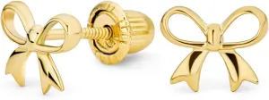 Dainty Tiny Birthday Present Ribbon Solid Real 14K Yellow Gold Mini Bow Stud Earrings Cartilage Ear Lobe Helix For Women Teen Safety Clutch Screw Back