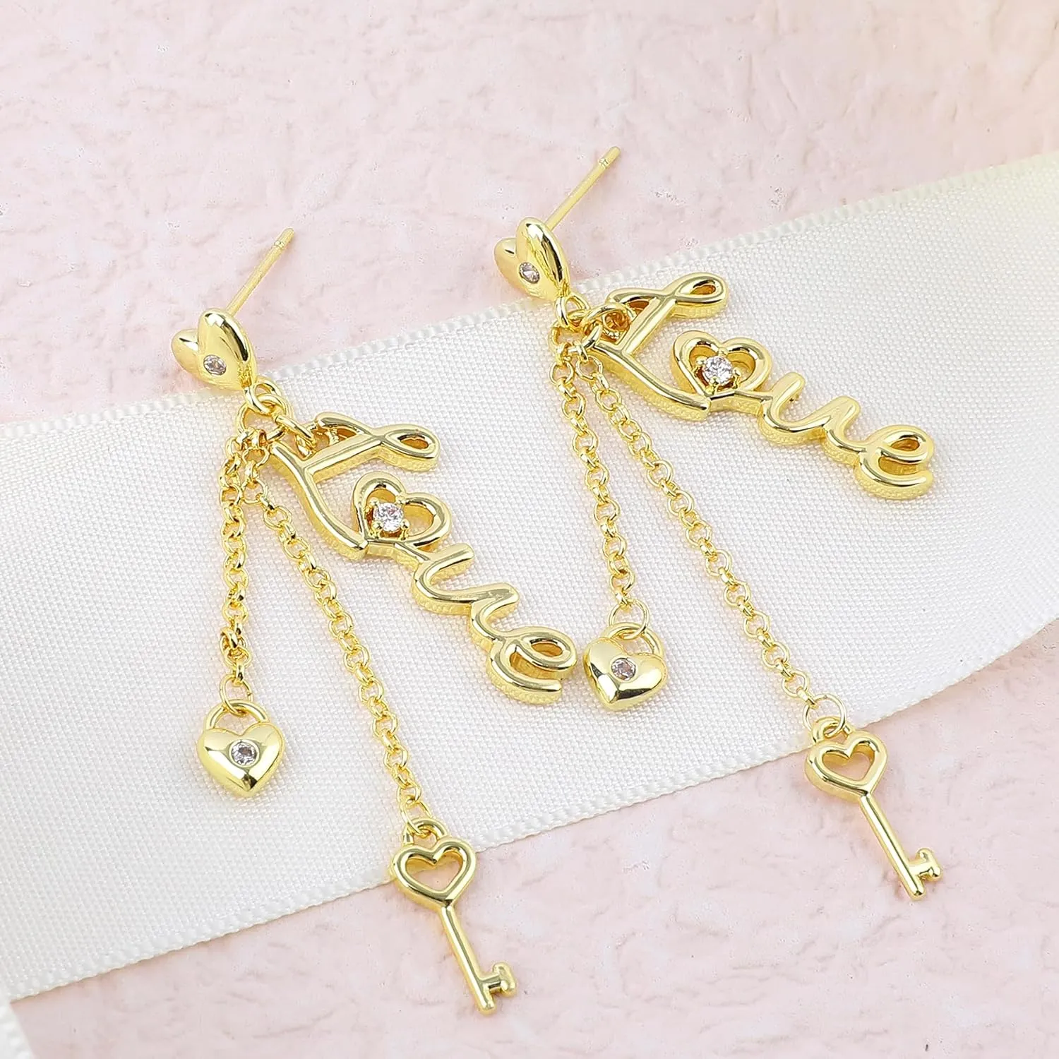 Dangle Gold Love Heart Earrings for Women 14K Gold Plated Long Chain FREE LOVE HAPPY Letter Earrings with Drop Cute Bird Wing Key Heart Smiley Face Charm Cubic Zirconia Trendy Jewelry Gifts for Women