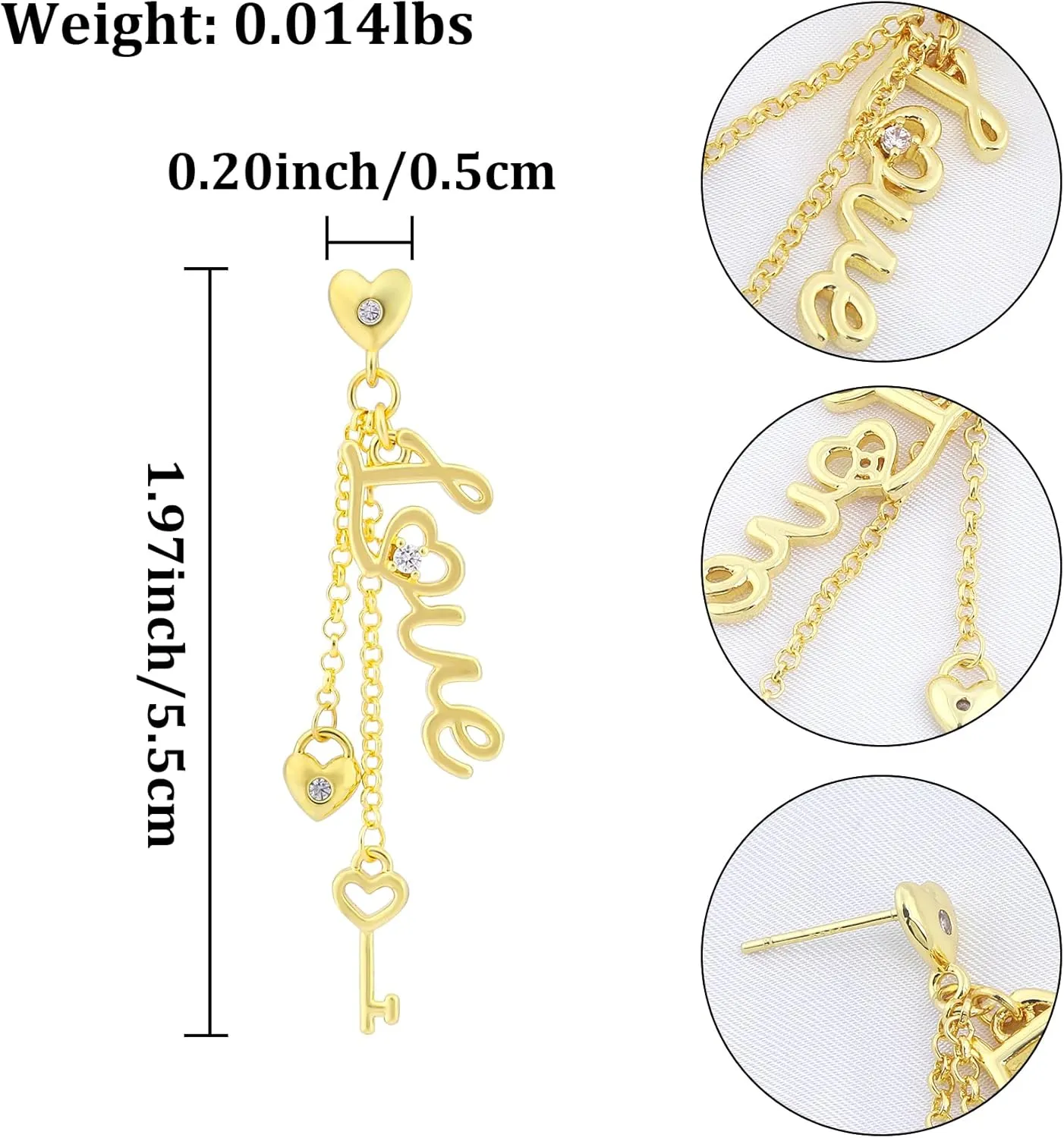 Dangle Gold Love Heart Earrings for Women 14K Gold Plated Long Chain FREE LOVE HAPPY Letter Earrings with Drop Cute Bird Wing Key Heart Smiley Face Charm Cubic Zirconia Trendy Jewelry Gifts for Women