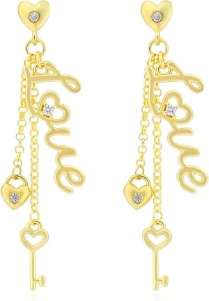 Dangle Gold Love Heart Earrings for Women 14K Gold Plated Long Chain FREE LOVE HAPPY Letter Earrings with Drop Cute Bird Wing Key Heart Smiley Face Charm Cubic Zirconia Trendy Jewelry Gifts for Women