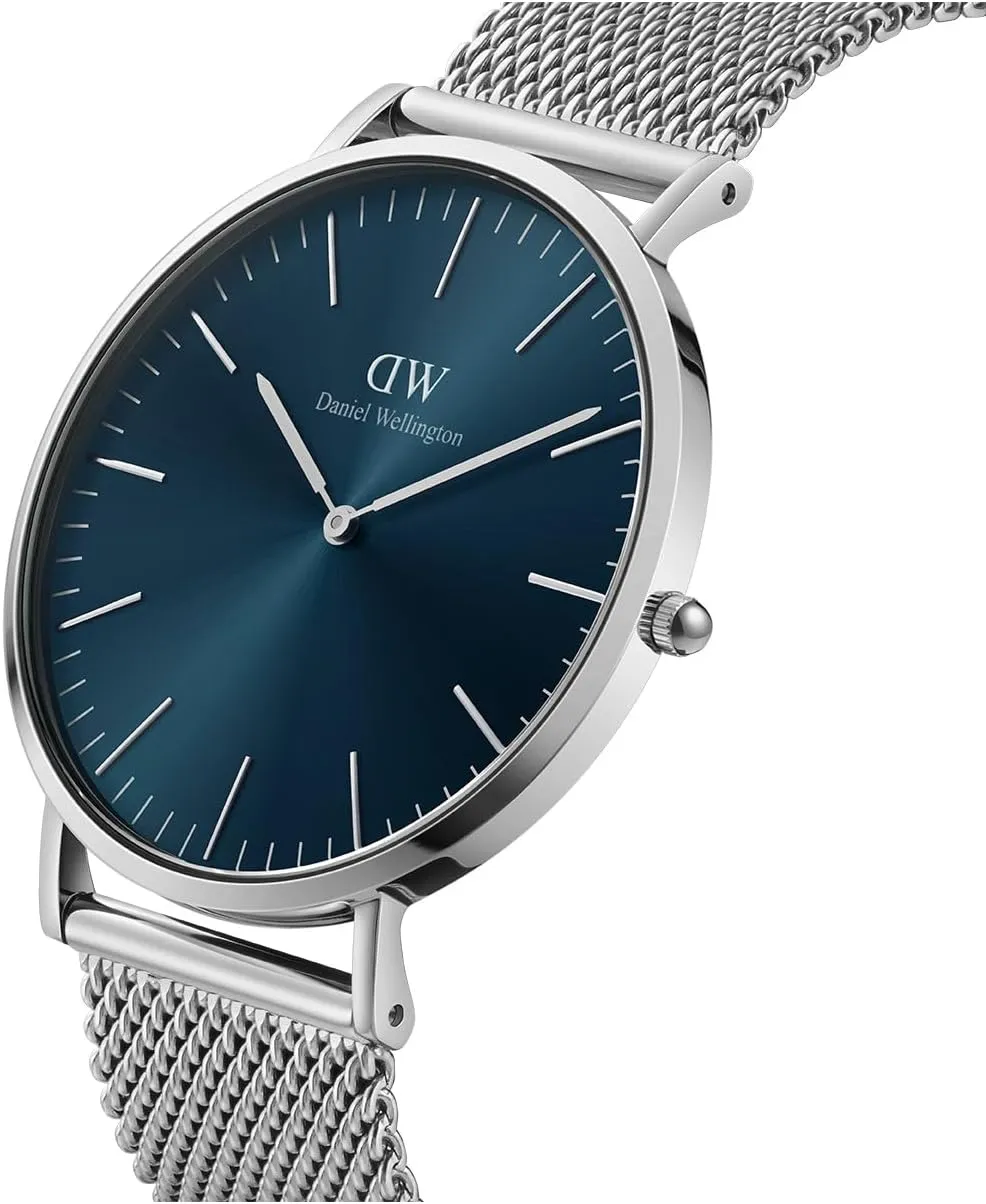 Daniel Wellington Classic Mens Watch - 40mm Case, Japanese Quartz Movement, Mesh Stainless Steel or Leather Strap, Water Resistant, Analog Watch for Men