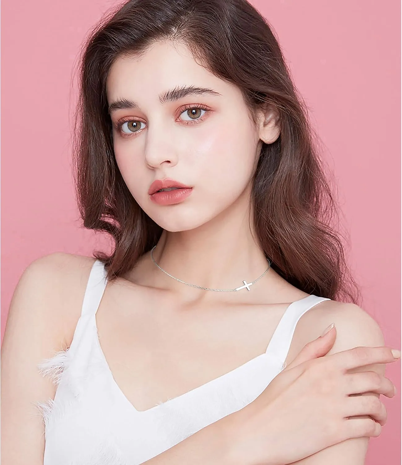 DAOCHONG S925 Sterling Silver Jewelry Sideways Cross Choker Necklace 14 inches to 18 inches