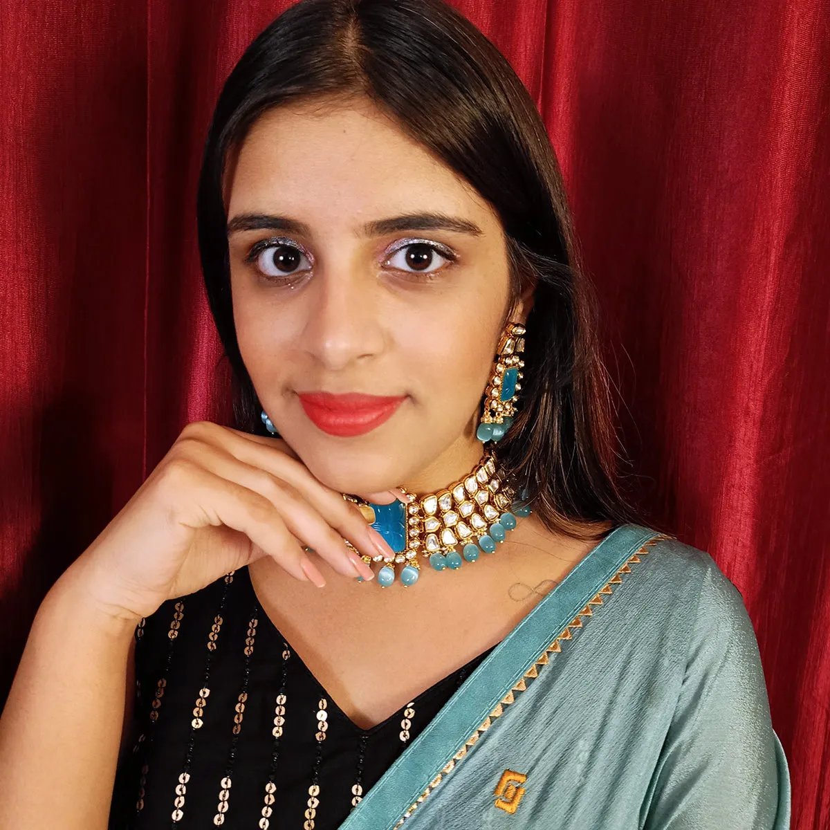 Designer Gold Plated Royal Kundan & Blue Beads Choker Style Necklace with Earrings (D381)